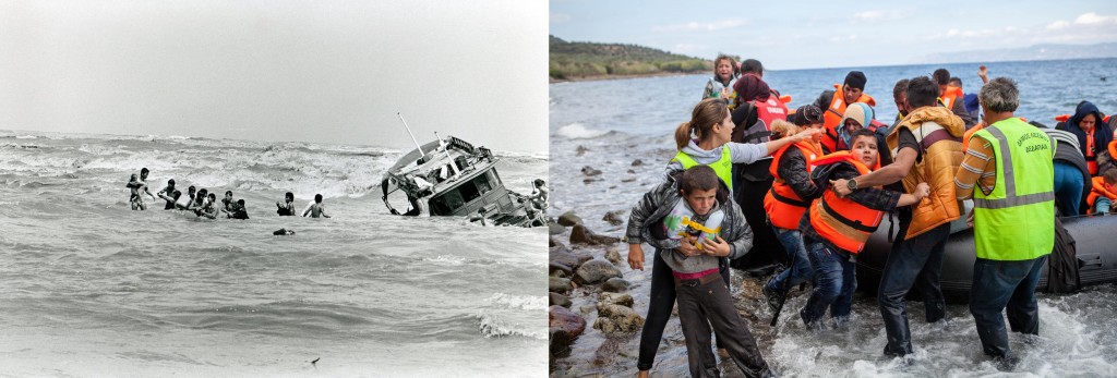 Left: Vietnamese boat people abandon a sinking fishing boat via flickr user Photo Unit. Right: Syrian refugees flee by raft via flickr user CAFOD Photo Library.