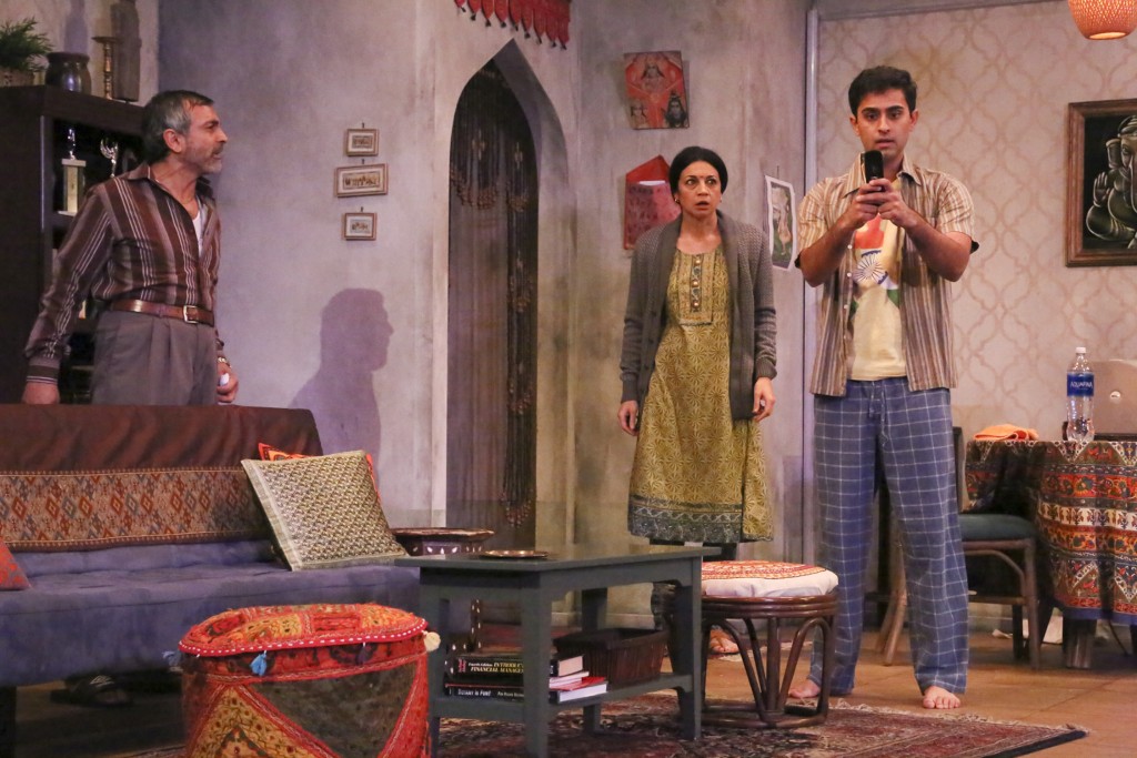 Anil Kumar as Ramesh (Malini's awkward co-worker and friend), Anna Khaja as Malini (Deepa's mother), and Kapil Talwalkar as Sharan (Deepa's older brother). Photo by Michael Lamont